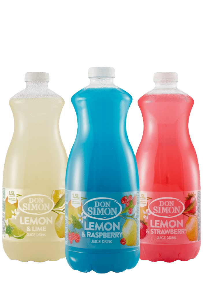Three bottles of Don Simon juice drinks in 1.5L sizes: Lemon & Lime (pale yellow), Lemon & Raspberry (bright blue), and Lemon & Strawberry (pink), each with fruit images on the label.