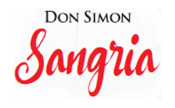 The image shows the words Don Simon Sangria with Don Simon in black uppercase letters and Sangria in large, red, cursive script on a white background.