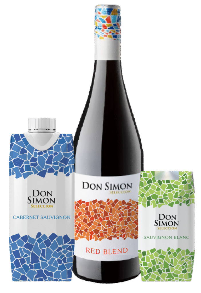 Three Don Simon Selección wine packages: a blue carton labeled Cabernet Sauvignon, a red mosaic-patterned glass bottle labeled Red Blend, and a green carton labeled Sauvignon Blanc.