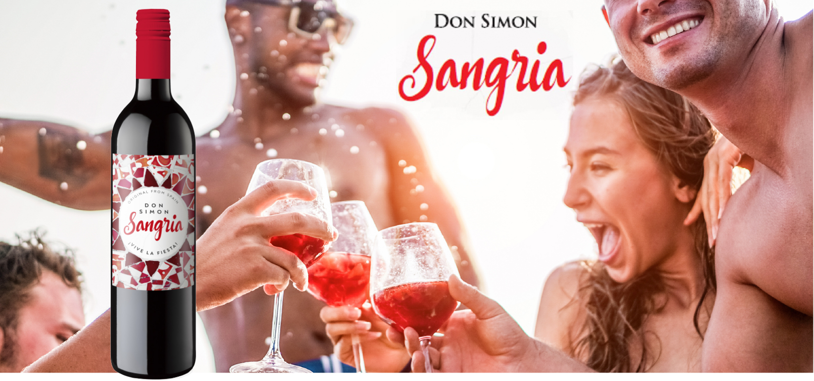 A group of smiling friends clink glasses of red sangria, with a Don Simon Sangria bottle in the foreground. Sunlight and water droplets create a festive, summer atmosphere.