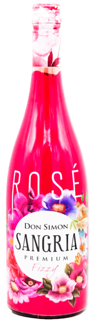 A pink bottle of Don Simon Sangria Premium Fizzy Rosé, decorated with colorful flowers and bold white lettering.