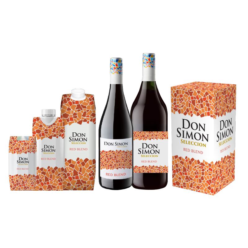 Five Don Simon Seleccion Red Blend products in various packaging: two cartons, one small and one medium; two glass bottles; and one box, all with a mosaic pattern and white labels on a white background.