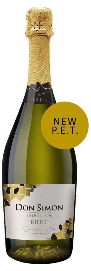 A bottle of Don Simon Selección Brut sparkling wine with a gold foil top and a label featuring black and gold geometric designs. A circular yellow tag on the bottle reads NEW P.E.T.