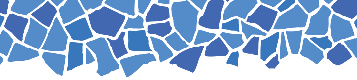 Abstract pattern of irregular blue mosaic tiles arranged in a horizontal row, resembling broken pieces of ceramic or glass against a white background.