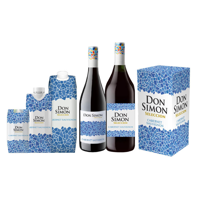 Five Don Simon Seleccion Cabernet Sauvignon wine packages in various sizes and shapes, including cartons, bottles, and a box, all featuring a blue mosaic pattern and white labels.