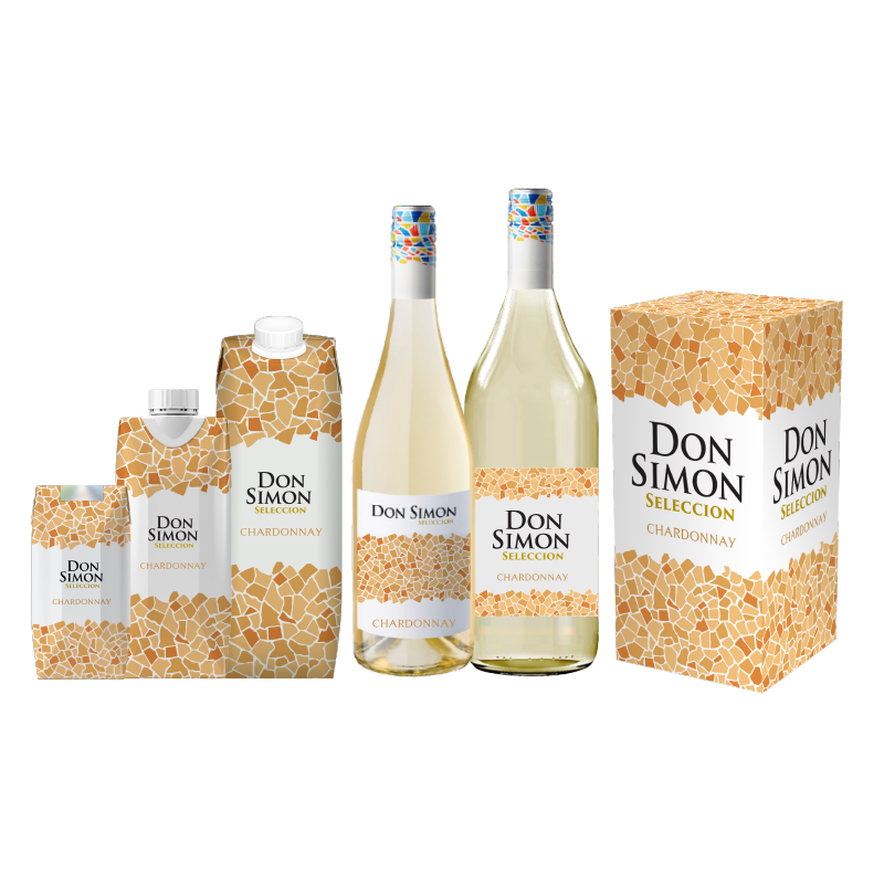 Five Don Simon Selección Chardonnay wine packages in different formats—cartons, a glass bottle, and a boxed bottle—all featuring a white label with a golden mosaic pattern and the brand name on each.