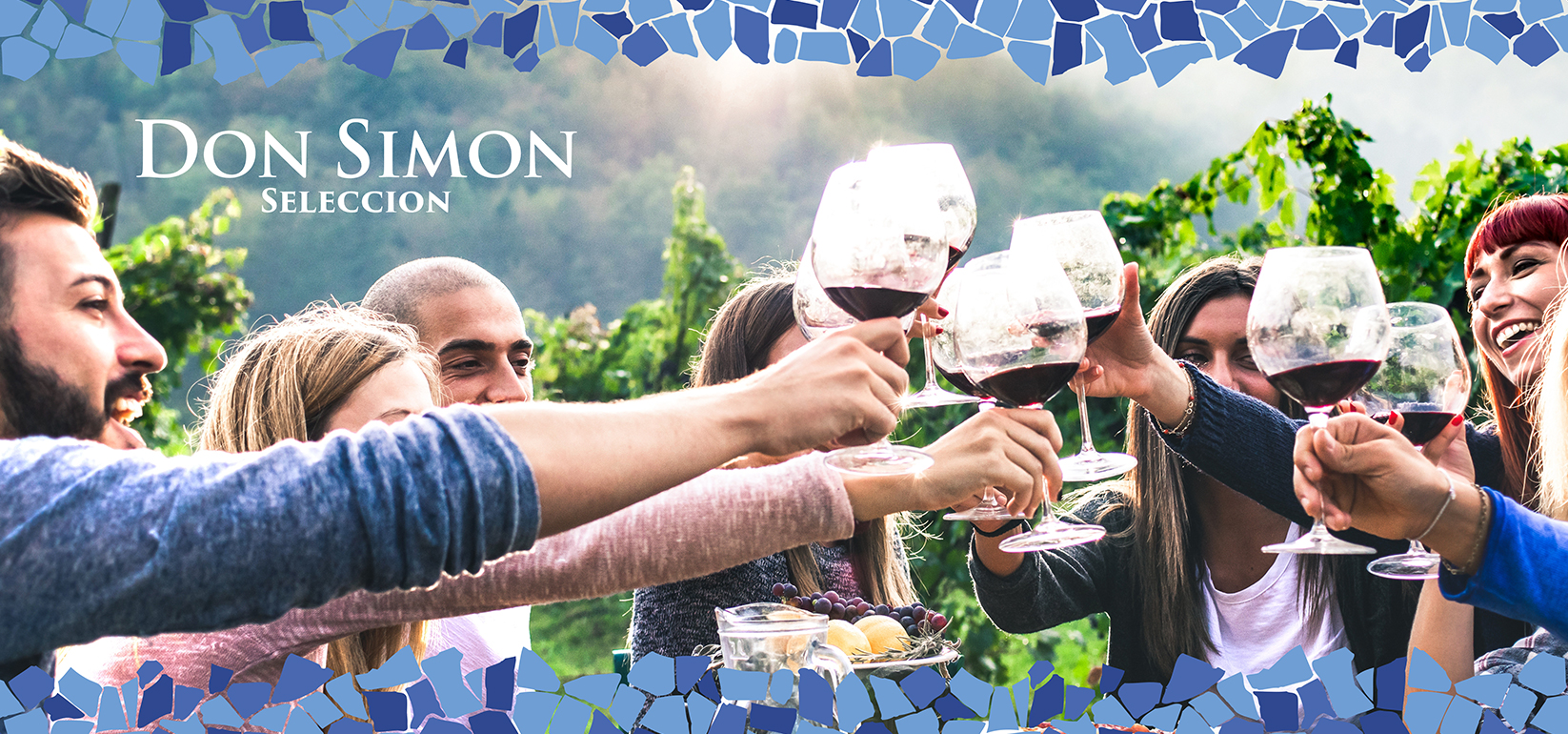 A group of smiling people clink glasses of red wine together outdoors in a vineyard. The scene is festive, with a mosaic border and the text Don Simon Seleccion in the upper left corner.