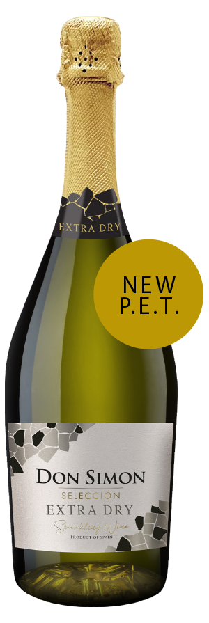 A bottle of Don Simon Selección Extra Dry sparkling wine with a gold foil top and a label noting NEW P.E.T. in a gold circle. The bottle features a decorative white and black label.