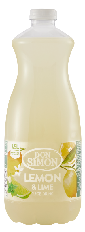 A 1.5-liter plastic bottle of Don Simon Lemon & Lime Juice Drink with a white cap. The label features images of lemons, limes, and mint leaves on a light green background.