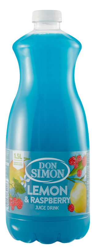 A 1.5-liter plastic bottle of Don Simon Lemon & Raspberry Juice Drink. The drink is bright blue, and the label features images of raspberries, a lemon, and green leaves.
