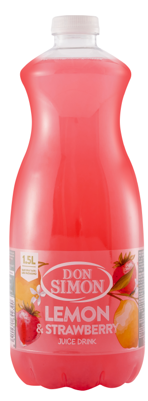 A 1.5-liter bottle of Don Simon Lemon & Strawberry Juice Drink with a red-pink liquid inside. The label shows images of lemons and strawberries and features the brand name and flavor in large white and orange text.