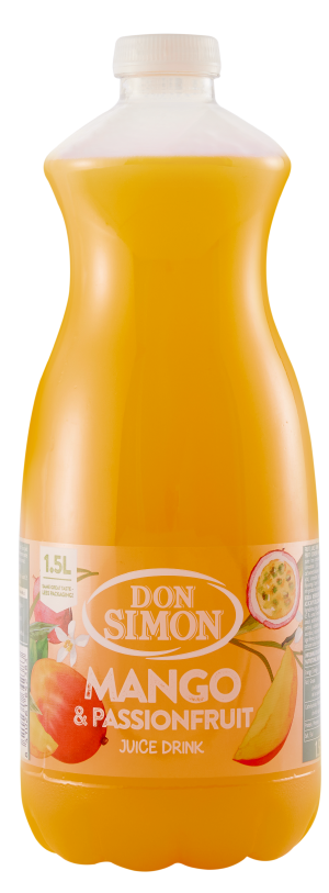 A 1.5-liter plastic bottle of Don Simon Mango & Passionfruit Juice Drink with an orange liquid and a label showing images of mango and passion fruit.