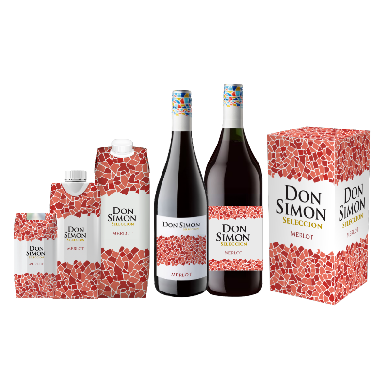 Five Don Simon Seleccion Merlot wine containers in various sizes and packaging styles, including cartons, bottles, and a box, all featuring a red mosaic pattern with white and gold labels on a white background.