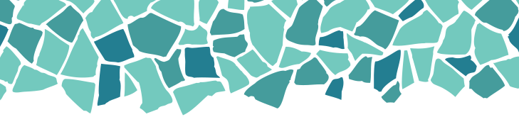 Abstract mosaic pattern featuring irregular, tile-like shapes in various shades of blue and teal, separated by white lines. The pieces are arranged closely, creating a decorative, textured border.