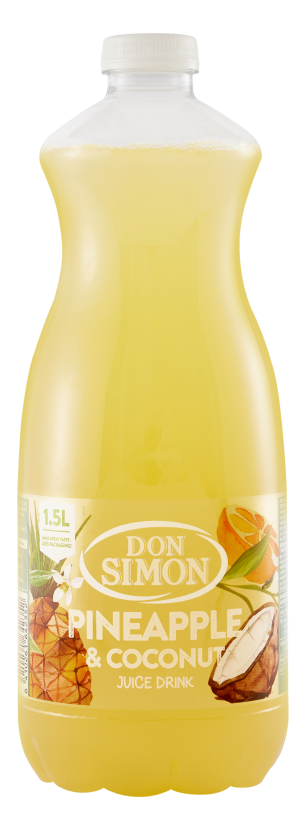 A 1.5-liter bottle of Don Simon Pineapple & Coconut juice drink with a yellow liquid, featuring images of pineapple and coconut on the label.