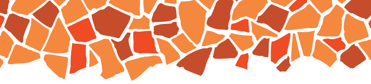 Abstract pattern of irregular, mosaic-like tiles in various shades of orange and red, arranged in a horizontal band against a white background.