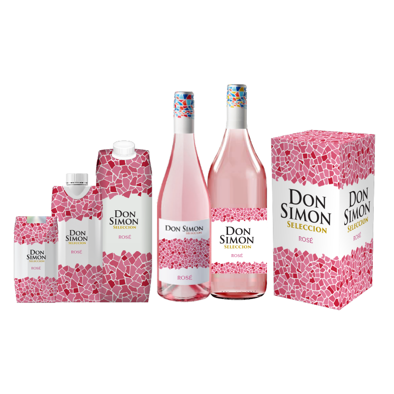 Assorted Don Simon Selección Rosé wine packaging, including cartons, two glass bottles, and a box, all featuring a pink mosaic pattern and white labels with black and gold text.