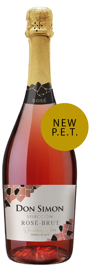 A bottle of Don Simon Selección Rosé Brut sparkling wine with a gold foil top and a pink mosaic design label. A yellow circle highlights the text NEW P.E.T. on the right side of the bottle.