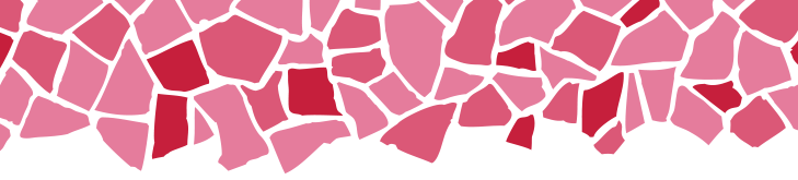 Abstract mosaic pattern with irregular, scattered shapes in various shades of pink and red, arranged closely together on a light background.