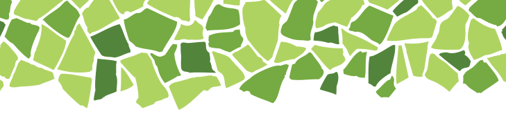 Abstract mosaic pattern of irregular green shapes arranged closely together, resembling pieces of stained glass or tiles on a white background.