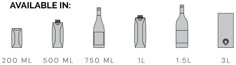 Black and white illustration showing six beverage container sizes: 200 ml, 500 ml, 750 ml, 1L, 1.5L, and 3L. Each size is represented by a different shaped carton or bottle.