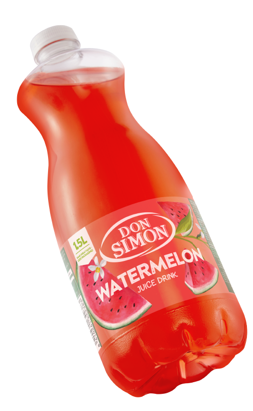 A 1.5-liter bottle of Don Simon Watermelon Juice Drink with a red label featuring watermelon slices and the brand name. The bottle is tilted slightly on a white background.
