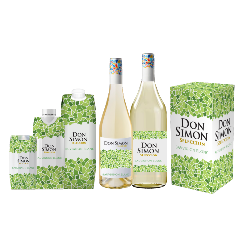 Several Don Simon Seleccion Sauvignon Blanc wine products, including two bottles, two cartons of different sizes, and a green mosaic-patterned box, are displayed against a white background.