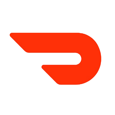 A bold, red, abstract logo resembling a wing or a stylized D on a light gray background.